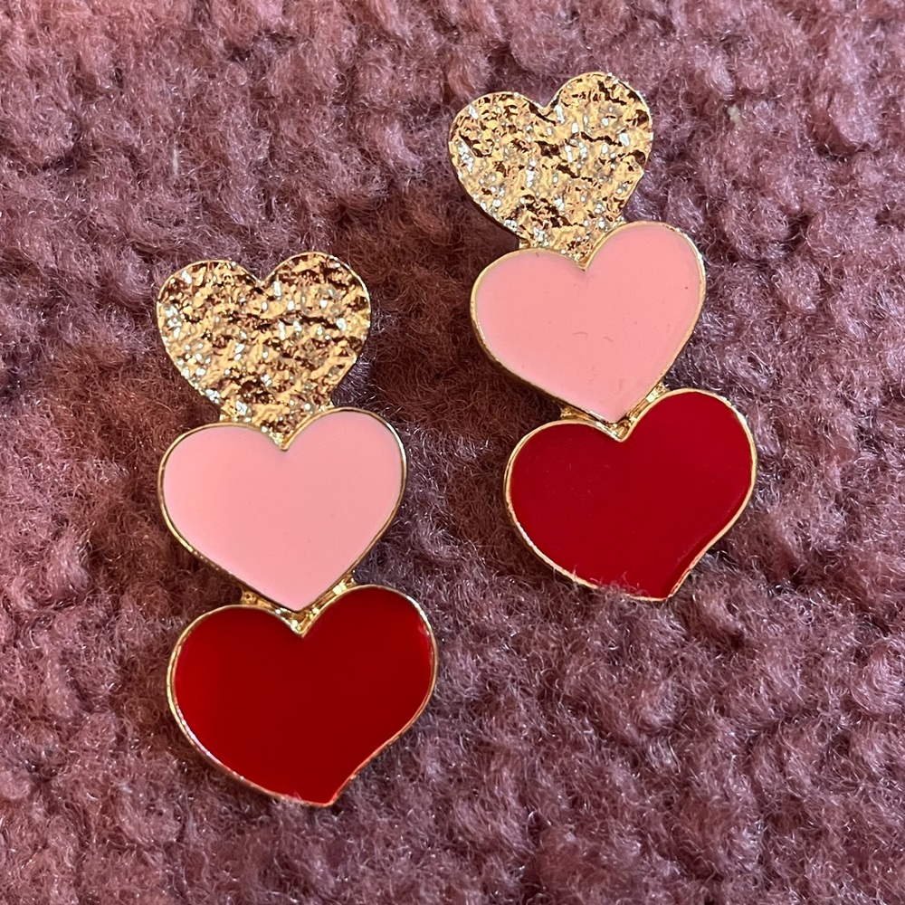 Red, pink, gold colored Heart earrings